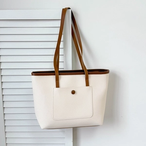 Sac Cabas Femme Grande Capacité en Cuir PU Minimaliste Couleur Contrastée Sac à Épaule Sac à Main de Navetteur Avec Poche Extérieure