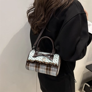 Japanese style pleated bow crossbody bag with star print and blue plaid patterns