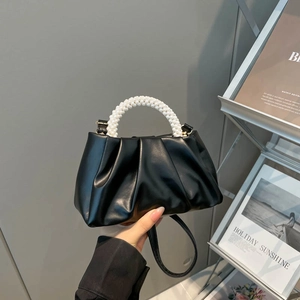Fashion Ruched Handbag With Faux Artificial Pearl Handle For Women PU Leather Crossbody Shoulder Bag Pleated Cloud Handbag Wedding Party