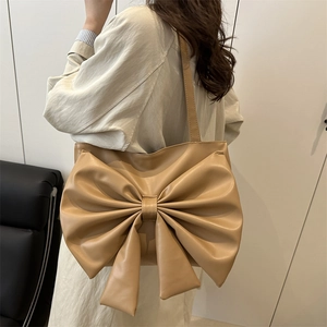 Fashionable khaki bow design shoulder bag for women with large capacity and sleek faux leather