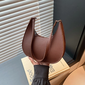 Women Fashion PU Leather Litchi Texture Hobo Shoulder Bag Crescent Half Moon Underarm Bag Zipper Closure Daily Casual Purse