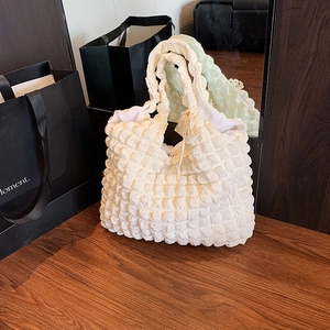 Women Popcorn Fabric Tote Bag Lace Bow Shoulder Bag Large Capacity Polyester Foldable Shopping Bag Street Fashion Handbag