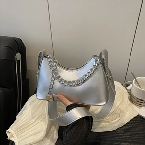 Trendy PU Leather Crescent Hobo Bag For Women Solid Color Underarm Bag With Chunky Metal Chain Stylish Shoulder Crossbody Bag