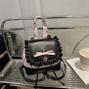 Korean Sweet Girl Mini Backpack Pink Black Contrast Ruffle Bow Heart Pendant PU Leather Handbag Fashion Streetwear Bag