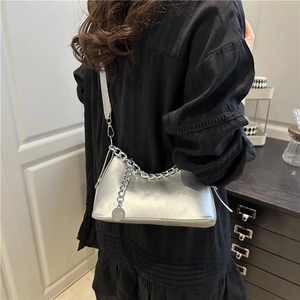Silver PU leather crescent shoulder bag with metallic chain strap for women winter fashion