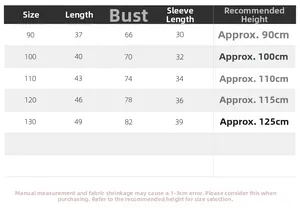 Detailed size chart for boys' fashion hoodie showing length, chest, and sleeve measurements