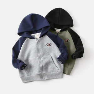 Detailed view of color-block kids hoodies with puppy embroidery and ribbed cuffs