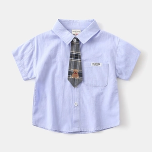 Detail of baby boy light blue shirt with grey plaid tie and bear embroidery