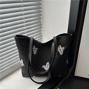 Fashion Butterfly Embroidered Tote Bag For Women Summer PU Large Capacity Shoulder Bag Sequin Contrast Color Casual Handbag