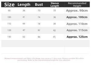 Detailed size chart for boys' sweatshirt showing length and chest measurements in cm
