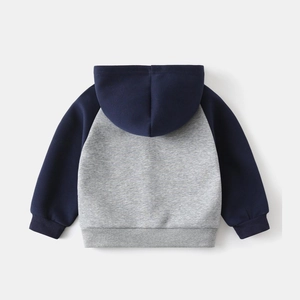 Detail of color-block hooded sweatshirt for boys in navy blue and heather grey