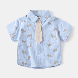 Detail of light blue short-sleeve shirt with pony print and beige decorative tie