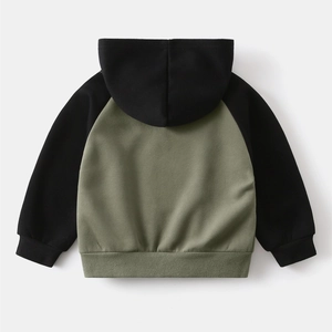 Back view of a color-block kids hoodie with green body, black sleeves and ribbed cuffs