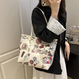 Grand sac fourre-tout crème avec illustrations de Hong Kong pour le trajet quotidien