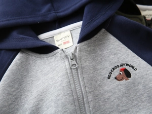 Detail of color-block kids hoodie featuring cartoon dog embroidery and zipper