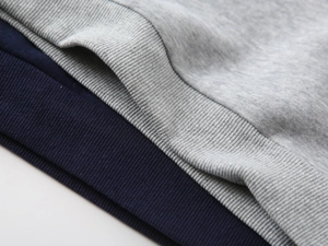 Detailed macro view of the ribbed knit cuffs on grey and navy cotton blend sweatshirts