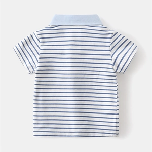 Flat back view of blue and white striped toddler cotton polo shirt with solid collar