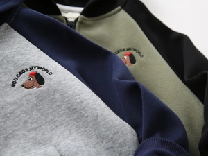 Detailed view of kids color-block hoodies with premium cotton texture and dog embroidery