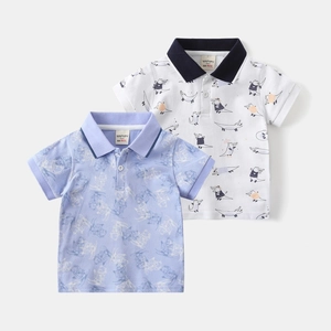Close-up of two cotton toddler Polo shirts featuring bear and crocodile cartoon prints