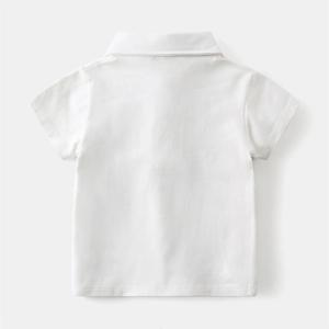 Detailed back view of a white short-sleeve cotton Polo shirt for boys with premium stitching