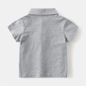 Back view of a gray cotton blend short-sleeve polo shirt for toddler boys with flat collar