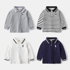 Flat lay view of four long-sleeve polo shirts featuring bear embroidery in multiple colors