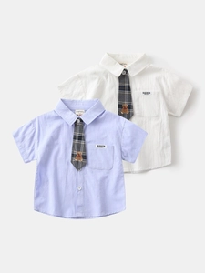 Boys Cotton Short Sleeve Shirt With Plaid Tie Bear Embroidery British Gentleman Style Kids Summer Formal Top