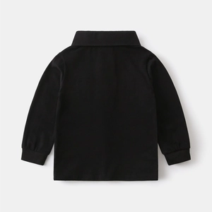Back view of black long-sleeve polo shirt with ribbed cuffs and turn-down collar detail