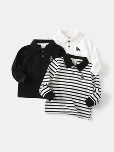 Three-pack kids long sleeve polo shirts with dinosaur embroidery in black and white stripes