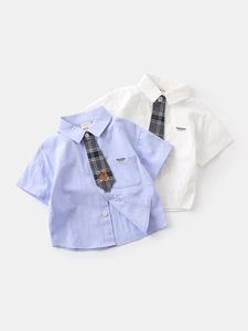 Gentleman style boy's short sleeve shirt set with bear embroidery tie and pocket detail
