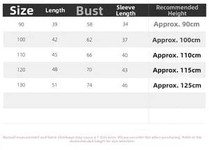 Detailed size chart for boys long sleeve polo shirt showing measurements from 90 to 130 cm