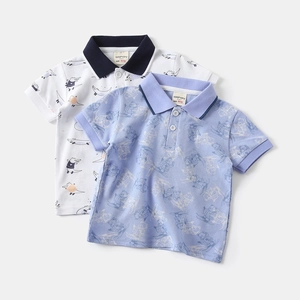 Detail view of two kids' cotton polo shirts with bear and crocodile prints