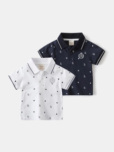 Toddler Boys Casual Cotton Polo Shirt Short Sleeve Sailboat Star Nautical Print Contrast Stripe Summer Breathable Top