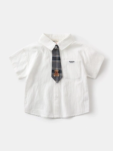 White cotton toddler shirt with embroidered bear and grey plaid tie detail