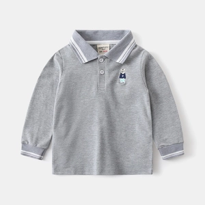 Close-up of bear embroidery and striped polo collar on grey boys long-sleeve tee