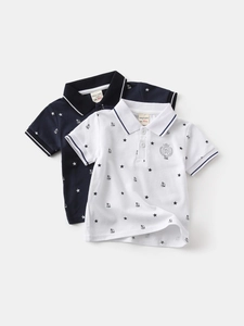 Boys' summer polo shirts with nautical star prints and crown embroidery in navy and white