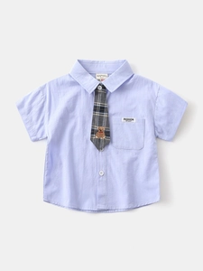 Short sleeve light blue boys shirt with plaid tie and cute bear embroidery for summer