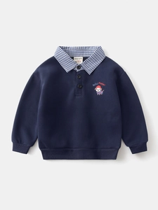 Navy blue boys' polo collar sweatshirt with embroidered cartoon puppy and hello text