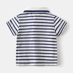 Rear view of a striped blue and white boys' cotton polo shirt with white collar detail