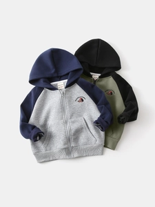 Kids Contrast Color Zip Up Hoodie Cotton Blend Cartoon Puppy Embroidery Long Sleeve Casual Jacket Coat For Boys Girls