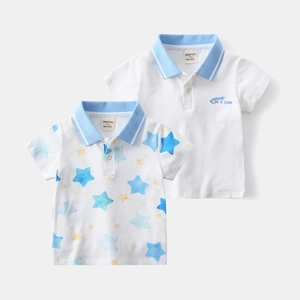 Detail of star pattern and textured collar on white and blue cotton polo shirts