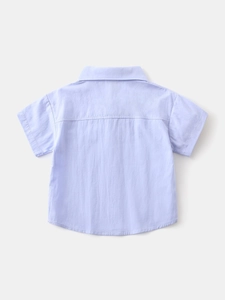 Back view of light purple short sleeve cotton shirt for boys with a classic collar design