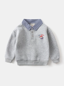 Gray long-sleeve boys sweatshirt with dog embroidery and blue checkered collar design