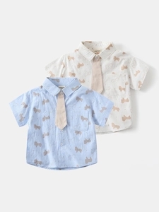 Toddler Boys Summer Short Sleeve Cotton Shirt With Tie Cartoon Horse Polka Dot Print Casual School Uniform Top