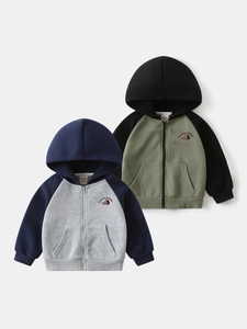 Boys colorblock zip-up hoodies with cartoon embroidery and ribbed cuffs in green and grey