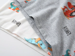 Macro shot of cotton fabric featuring colorful cartoon dinosaurs and ROAR text print