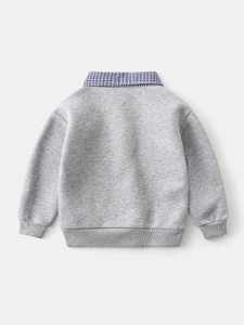 Grey boys' hoodie with blue-white checkered mock shirt collar and ribbed cuffs