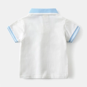 Back view of a white cotton boys' polo shirt with blue striped collar and cuff details