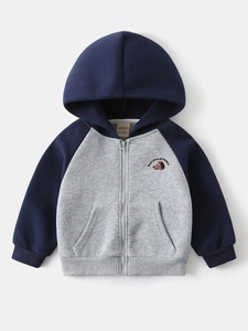 Kids color-block hooded jacket with cartoon dog embroidery and navy sleeves