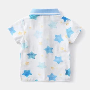Detailed back view of kids polo shirt with blue and yellow watercolor star prints
